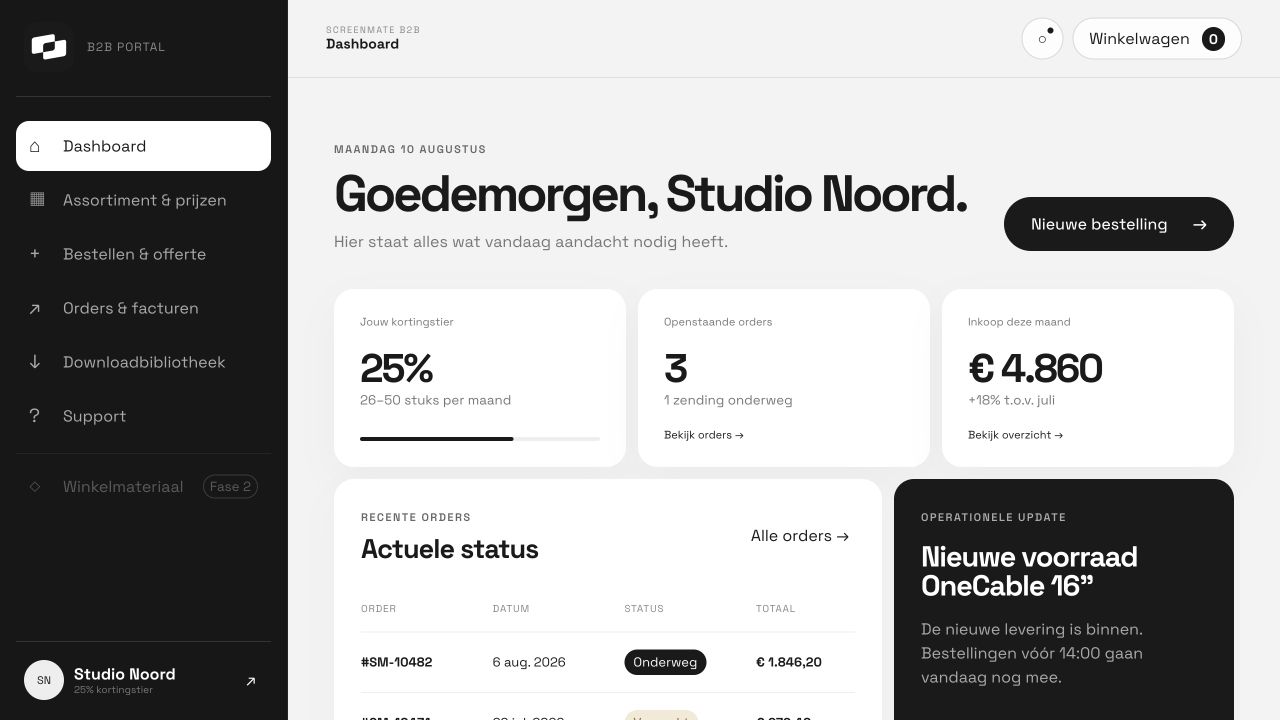 Weergave van het Screenmate resellerdashboard met kortingstier en orderoverzicht